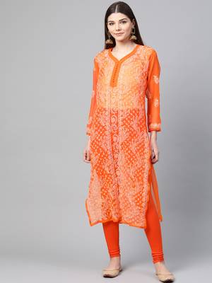 Orange hand woven georgette chikankari-kurtis 1