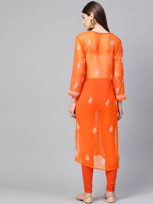 Orange hand woven georgette chikankari-kurtis 2