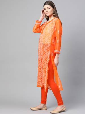 Orange hand woven georgette chikankari-kurtis 3