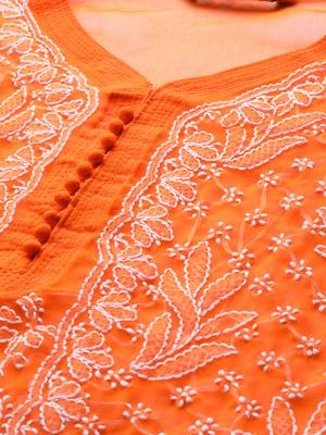 Orange hand woven georgette chikankari-kurtis 4
