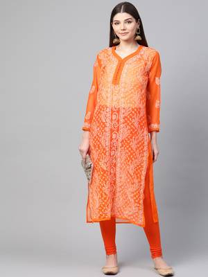 Orange hand woven georgette chikankari-kurtis 5