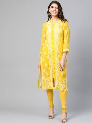 Yellow hand woven georgette chikankari-kurtis 1