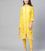 Yellow hand woven georgette chikankari-kurtis