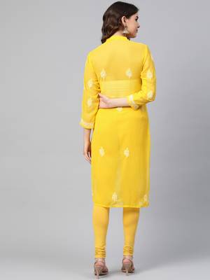 Yellow hand woven georgette chikankari-kurtis 2