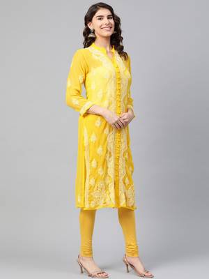 Yellow hand woven georgette chikankari-kurtis 3