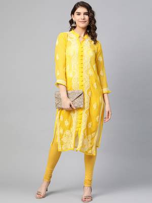 Yellow hand woven georgette chikankari-kurtis 5