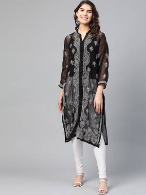Black hand woven georgette chikankari-kurtis 1