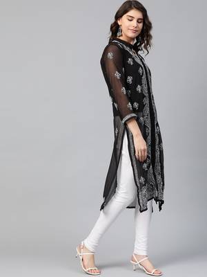 Black hand woven georgette chikankari-kurtis 3