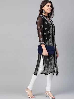 Black hand woven georgette chikankari-kurtis 4