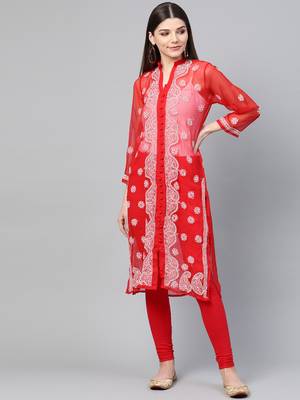 Red hand woven georgette chikankari-kurtis 1