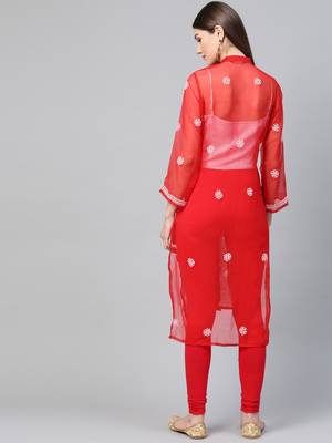 Red hand woven georgette chikankari-kurtis 2