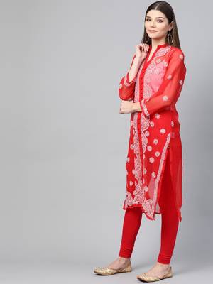 Red hand woven georgette chikankari-kurtis 3