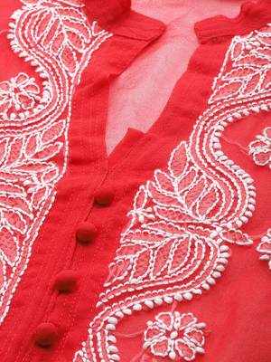 Red hand woven georgette chikankari-kurtis 4