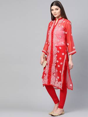 Red hand woven georgette chikankari-kurtis 5