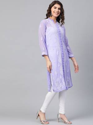 Light-purple hand woven georgette chikankari-kurtis 3