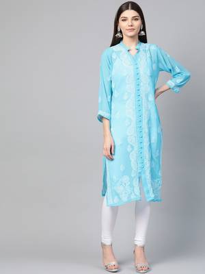 Sky-blue hand woven georgette chikankari-kurtis 1