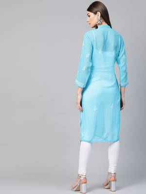 Sky-blue hand woven georgette chikankari-kurtis 2