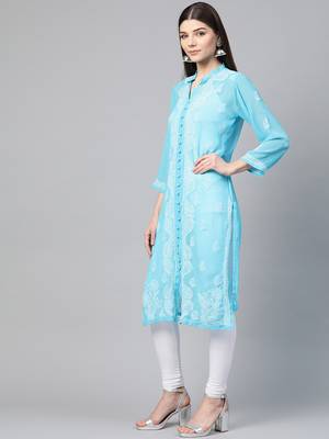 Sky-blue hand woven georgette chikankari-kurtis 3