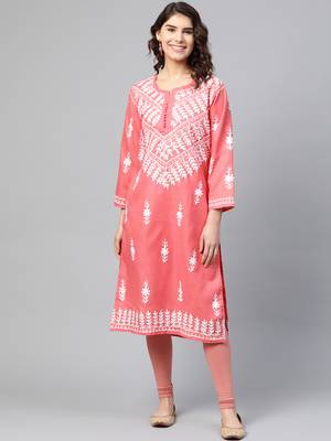 Peach hand woven georgette chikankari-kurtis 1