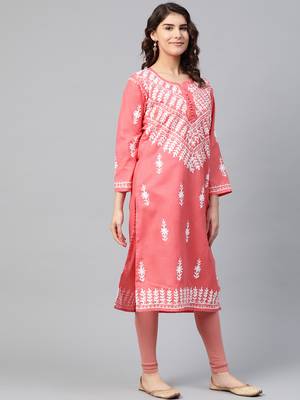 Peach hand woven georgette chikankari-kurtis 3
