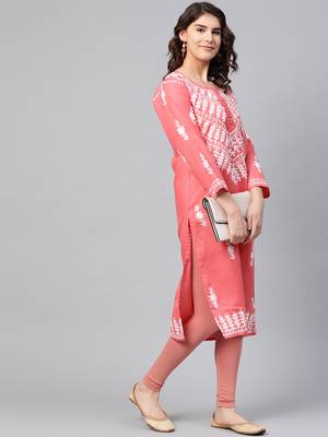Peach hand woven georgette chikankari-kurtis 5