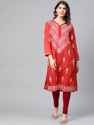 Red hand woven georgette chikankari-kurtis 1