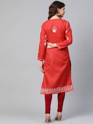 Red hand woven georgette chikankari-kurtis 2