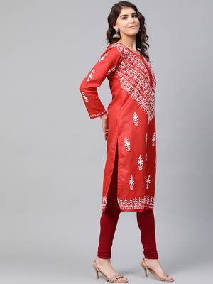 Red hand woven georgette chikankari-kurtis 3