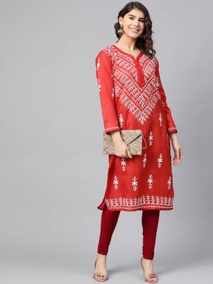 Red hand woven georgette chikankari-kurtis 5