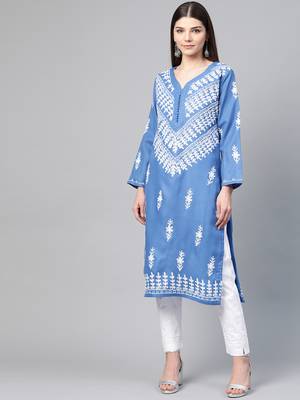Blue hand woven georgette chikankari-kurtis 1