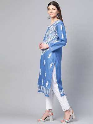 Blue hand woven georgette chikankari-kurtis 3
