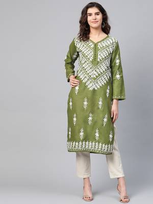 Green hand woven georgette chikankari-kurtis 1