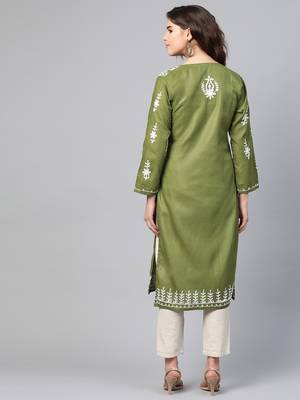 Green hand woven georgette chikankari-kurtis 2