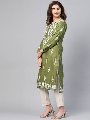 Green hand woven georgette chikankari-kurtis 3
