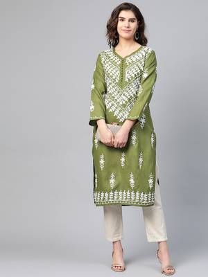 Green hand woven georgette chikankari-kurtis 5