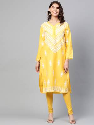 Yellow hand woven georgette chikankari-kurtis 1