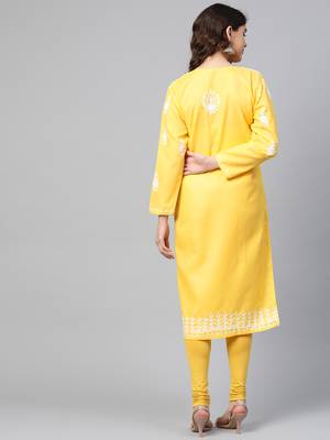 Yellow hand woven georgette chikankari-kurtis 2
