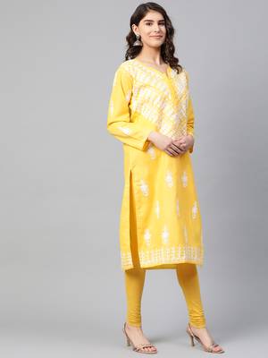 Yellow hand woven georgette chikankari-kurtis 3