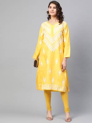 Yellow hand woven georgette chikankari-kurtis 5