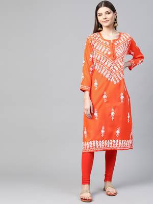 Orange hand woven georgette chikankari-kurtis 1