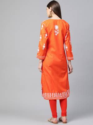Orange hand woven georgette chikankari-kurtis 2