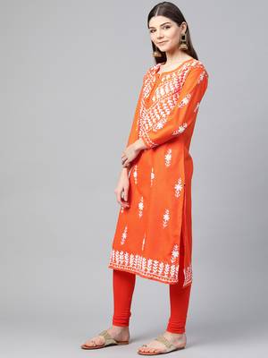 Orange hand woven georgette chikankari-kurtis 3