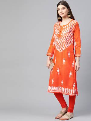 Orange hand woven georgette chikankari-kurtis 5
