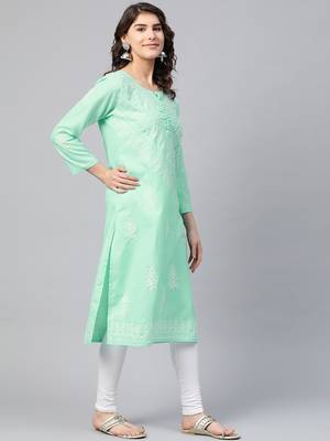 Green hand woven georgette chikankari-kurtis 3