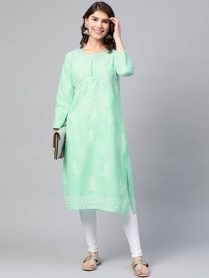 Green hand woven georgette chikankari-kurtis 5