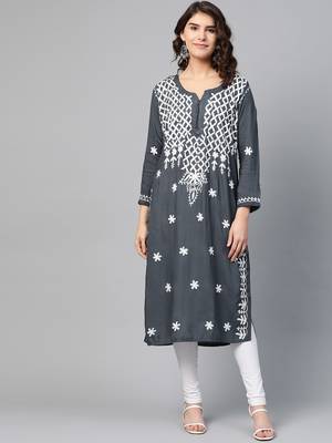 Grey hand woven georgette chikankari-kurtis 1
