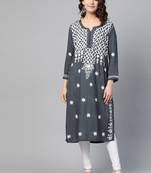 Grey hand woven georgette chikankari-kurtis