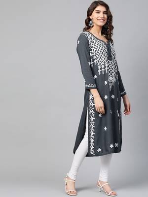 Grey hand woven georgette chikankari-kurtis 3