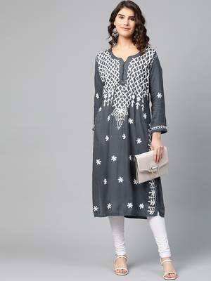 Grey hand woven georgette chikankari-kurtis 5