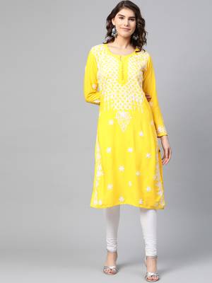 Yellow hand woven georgette chikankari-kurtis 1